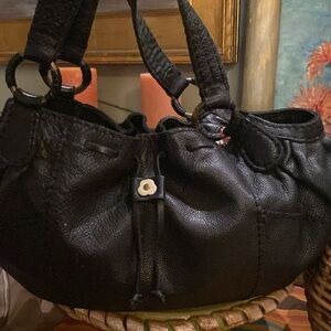 Lucky Brand Daisy Button Hobo Shoulder Handbag Detailed Stitching Blk Leather